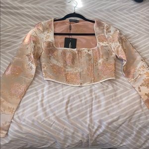 light pink satin oriental print zip front corset